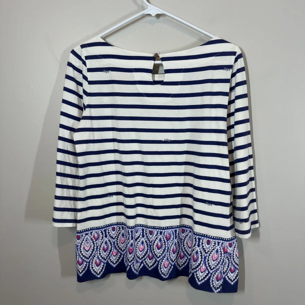 Lilly Pulitzer Women's Size M Striped Top Long Sleeve Paisley Hem Navy